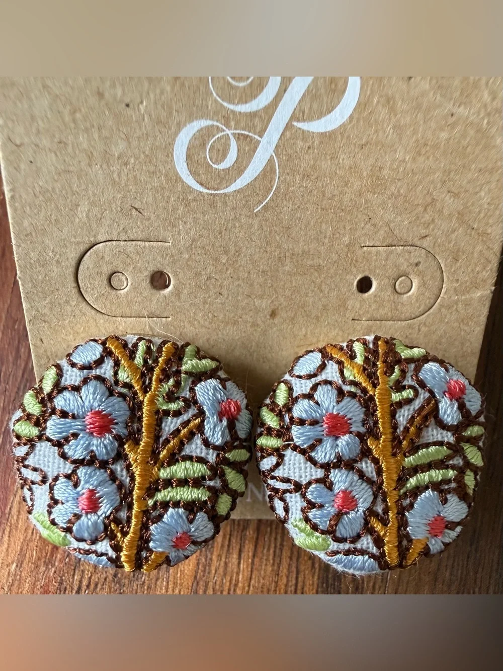 Plunder Light Blue Floral Embroidered Button Earrings Pierced Flower